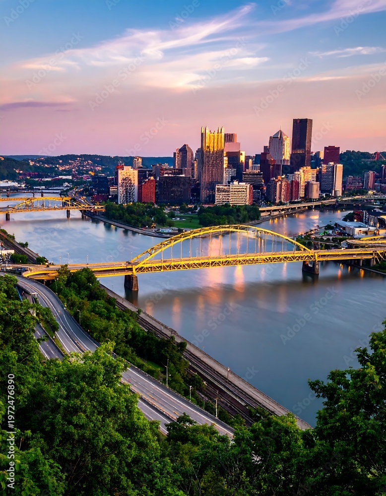 Obraz premium Skyline view of a city at sunset with multiple bridges over a river, showcasing a vibrant sky. Green foliage frames the image