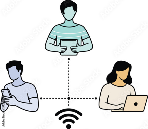 Remote Team Communication Network with Connected Devices Illustration.