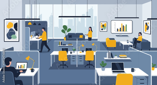 Modern open plan office interior with people working at desks.