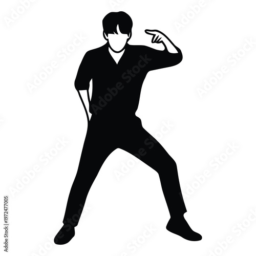 Minimalist vector silhouette of a male K-pop idol in a cool dance pose, boy group member pointing to head, isolated on white background