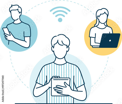 Remote Team Communication Network with Connected Devices Illustration.
