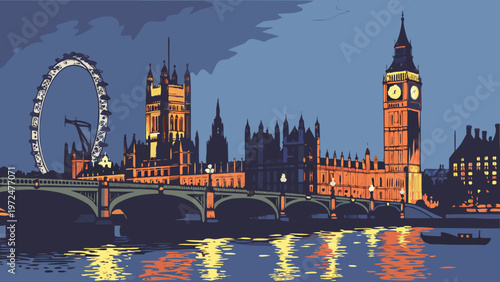 Panoramic Night View of Historic Architecture Along the River Thames in the Capital City of England Featuring Illuminated Landmarks and Bridges
