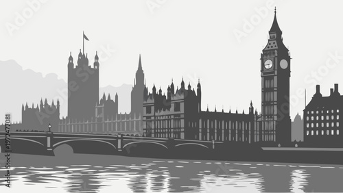 Silhouette of Traditional English Architectural Landmark Buildings Near River Bridge at Daytime View for Travel Tourism and European City Concepts