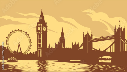 Vintage sepia silhouette of a famous british cityscape featuring a large clock tower and suspension bridge reflecting across a calm river at sunset