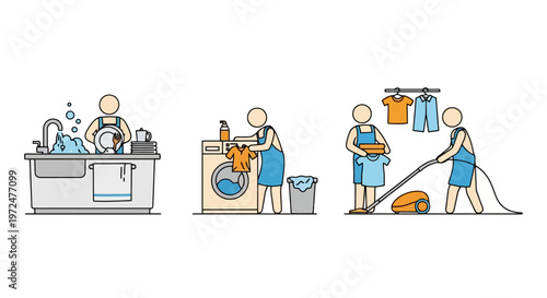 People doing household chores like washing dishes laundry and vacuuming.
