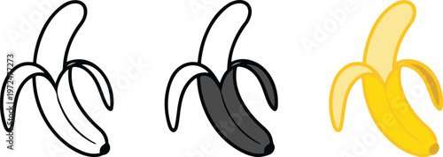 Minimalist peeled banana fruit vector icon set featuring line art silhouette and flat yellow color styles for healthy tropical food branding.