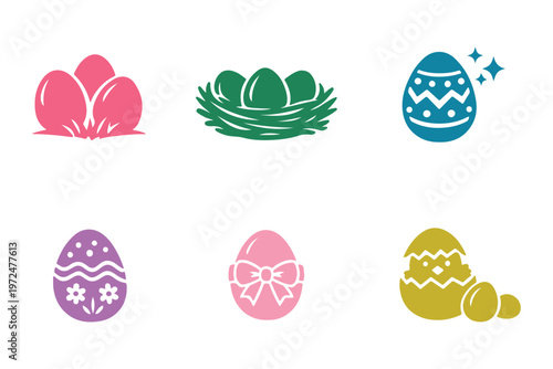 Colorful Easter egg pattern vector set with decorative stripes, polka dots, hearts, and floral designs, festive spring illustration