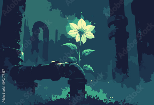 conceptual poster radioactive, glowing green flower blooming out industrial metal pipe Dystopianpostapocalyptic art High contrast, gritty shadows No text
