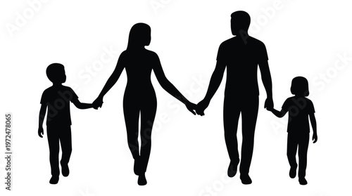 United family walking hand-in-hand, parents and children silhouetted together, symbolizing bond, love, and togetherness
