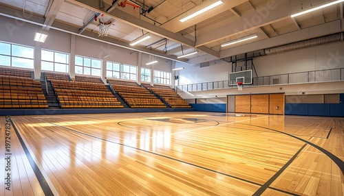 Bright gymnasium shows wooden floor, empty yellow bleachers, and tall windows casting light