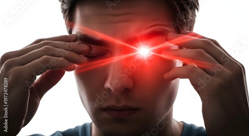 Intense ocular pressure and severe migraine headache. Visual impairment and light sensitivity. Man rubbing both eyes with bright red glowing pain effect