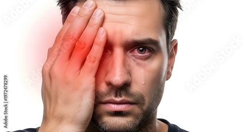 Man suffering from acute eye pain and redness. Optometry and ophthalmology healthcare needs. Adult male touching his face with bloodshot watery eye in pain