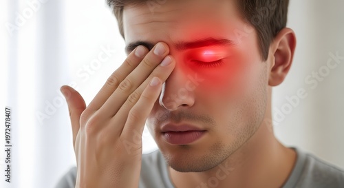 Young man experiencing eyelid inflammation and irritation. Eye care and medical consultation services. Male covering eye while bright red glow indicates localized pain