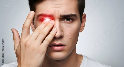 Crying man with severe eye injury and tear drops. Emotional distress and physical trauma recovery. Male patient with red glowing eye and liquid tears on cheek