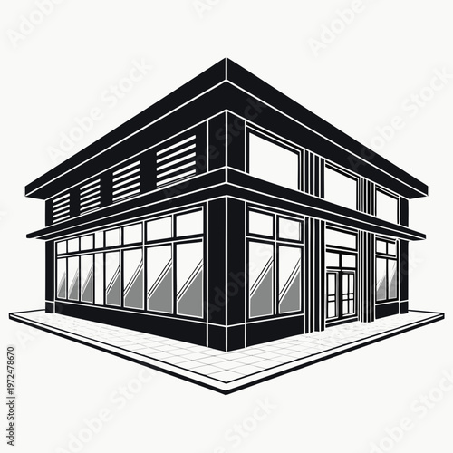 showroom building silhouette vector, modern commercial display space icon, flat design retail structure isolated on white background