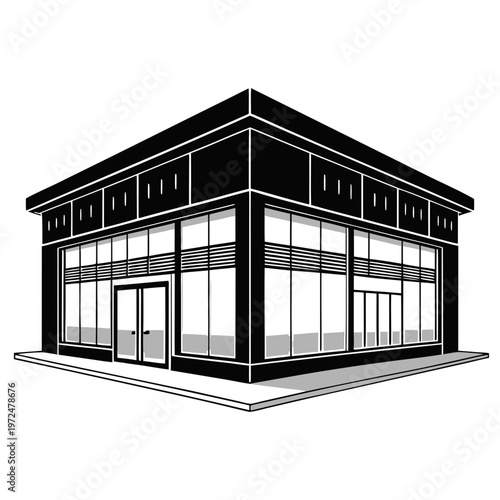 showroom building silhouette vector, modern commercial display space icon, flat design retail structure isolated on white background