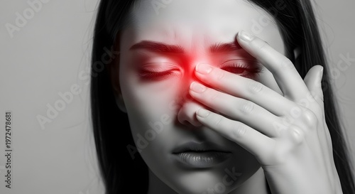 Sinus pressure and nasal bridge inflammation. Respiratory health and allergy symptoms. Woman touching the bridge of her nose with red highlighted pain area and eyes closed