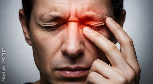 Cluster headache and orbital nerve pain. Mental health and physical exhaustion. Man squinting and rubbing his eye with red glowing inflammation area in deep distress