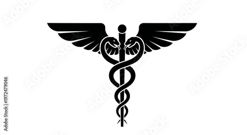 Caduceus symbol with two snakes entwined around a staff with wings, representing medicine and healing on isolated white background.