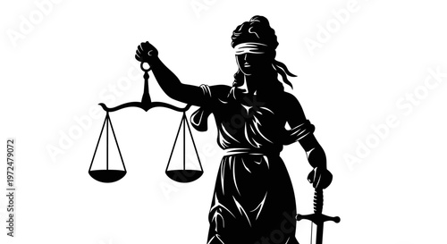 Impartial Lady Justice icon, blindfolded and holding scales of balance and a sword, symbolizing law and fairness on an isolated white background.