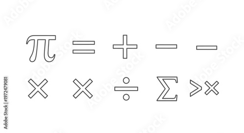 Set of common mathematical symbols including Pi, equals, plus, minus, multiply, divide, sigma, and comparison operators on isolated white background.