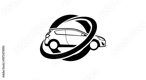 Stylized car hatchback encircled by an abstract circular ring, representing automotive service on isolated white background.