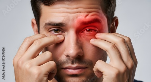 Bilateral eye pain and chronic fatigue syndrome. Sinus pressure and orbital discomfort. Man touching both eyes while suffering from burning sensation and irritation