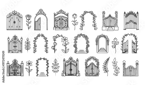 Classic Floral Garden Gate Icons Elegant Entrance Arch Decorative Vector Set