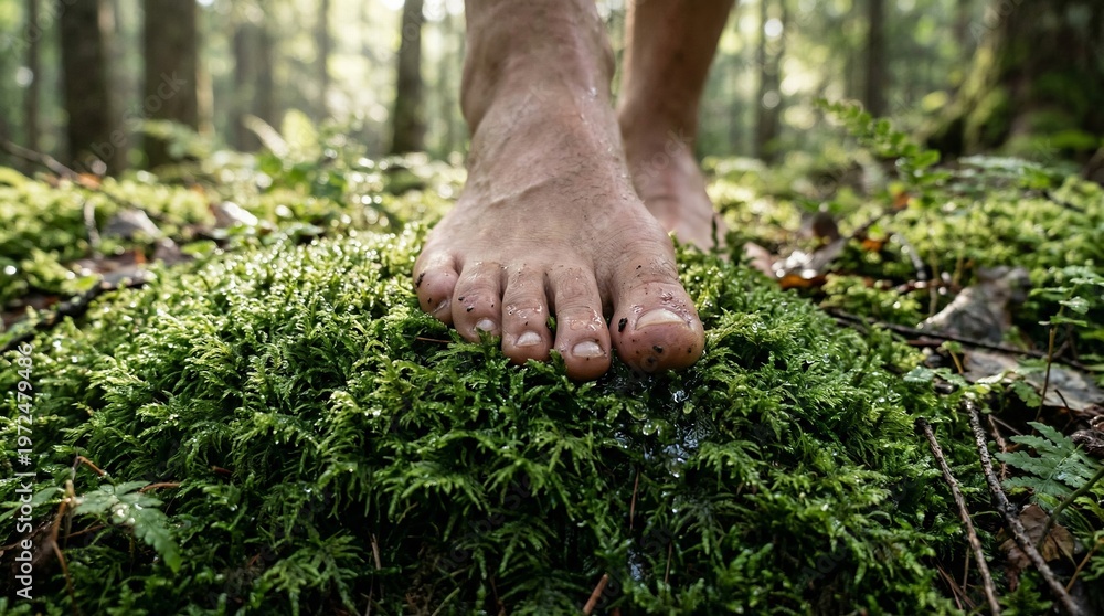 Fototapeta premium Bare feet stepping on fresh green moss in forest, natural grounding concept with wellness and sensory outdoor experience