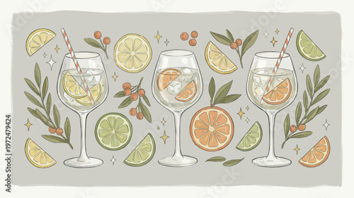 A refreshing trio of drinks, adorned with citrus fruits and decorative elements, forming a visually appealing arrangement