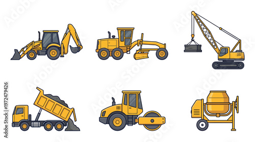 Construction Vehicles set: Featuring six construction vehicles, all set against a neutral background. The vehicles are drawn in a cartoon style, with each rendered in a vibrant yellow color