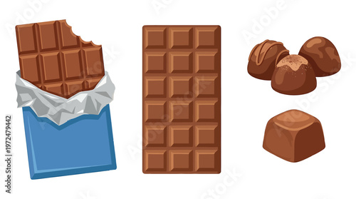 Delicious chocolate bars and candies, perfect for any sweet tooth craving, shown in three different presentations.  