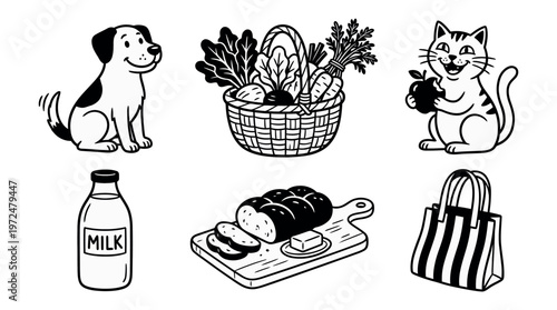 A delightful collection of a dog, cat, groceries in basket, milk, bread and a bag