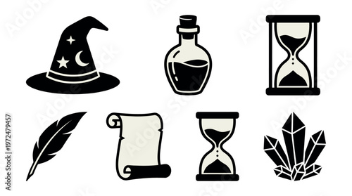 Magical set including wizard hat, potion bottle, hourglass, feather, scroll and crystal