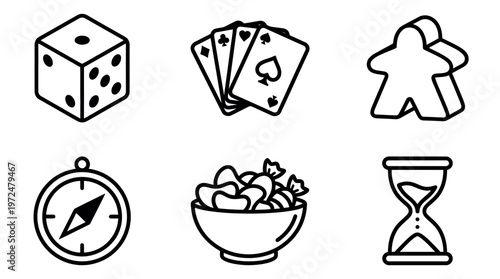A collection of iconic game elements and accessories, providing fun and entertainment. The image showcases a dice, playing cards, game piece, compass, bowl of chips, and an hourglass. 