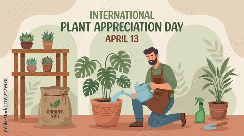 A gardener diligently watering a potted plant on International Plant Appreciation Day. The scene celebrates nature, plant care, and appreciation with other houseplants displayed