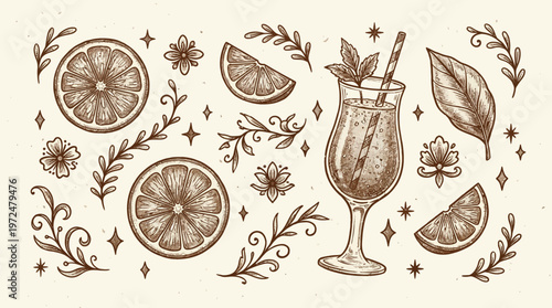 A refreshing tropical cocktail with citrus and botanical elements in vintage illustration style. A perfect blend of artistry and refreshment.