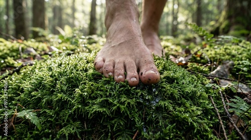 Bare feet stepping on fresh green moss in forest, natural grounding concept with wellness and sensory outdoor experience