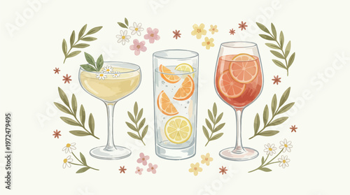 A collection of three refreshing cocktails beautifully arranged with floral accents. The drinks showcase vibrant colors and garnishes, evoking a sense of celebration and enjoyment