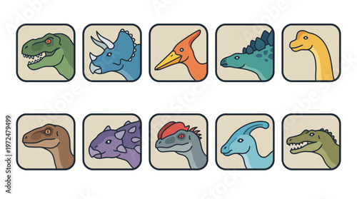 Vibrant cartoon dinosaur icons representing prehistoric creatures with diverse species and expressions. A playful and colorful depiction of various dinosaur species.