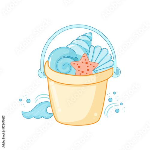 Cute pastel beach bucket filled with various sea shells and a starfish with ocean waves in kawaii style.