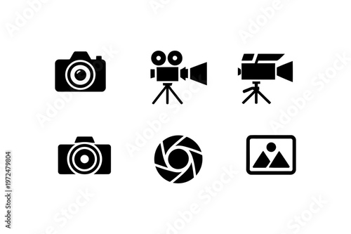 Cameras, camcorders, aperture, and landscape icons with simple black outlines for visual media applications.