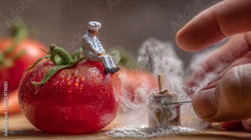 Creative culinary art miniature chef with tomato kitchen setting food photography whimsical environment close-up view imagination
