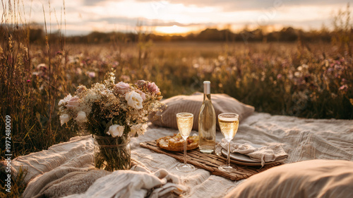 Romantic picnic at sunset scenic field lifestyle photography natural environment close-up view love and togetherness
