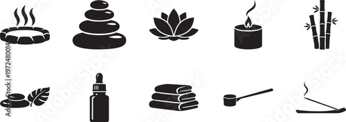 Hot spring icon set with spa, thermal water, relaxation symbols, wellness and nature line icons