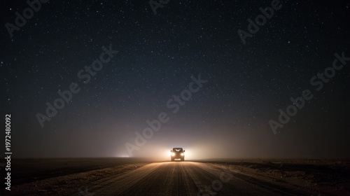 Nighttime journey in a remote landscape starry sky vehicle on a dark road tranquil environment wide-angle view for exploration