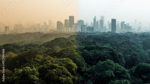 Urban transformation a dual view of city and forest nature vs. Urbanity aerial shot contrast environmental awareness