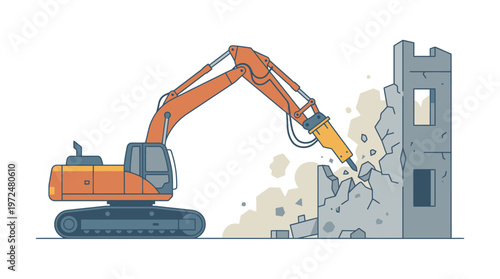 Excavator with Hydraulic Breaker Demolishing Concrete Wall Vector Illustration. Construction and Demolition Site Machinery Icon.