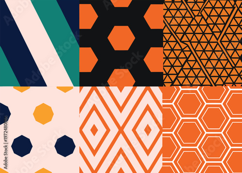 A composite image featuring six square tiles with diverse geometric patterns including diagonal stripes, hex grids, and triangular meshes in orange and blue.