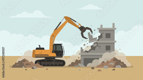 Yellow Excavator Demolishing Concrete Building Vector Illustration, Urban Demolition and Construction Site Concept